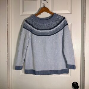 Lands End Drifter Womens Large L 14-16 Blue Striped Shaker Stitch Yoke Sweater